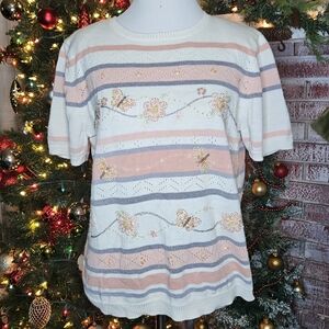 Alfred Dunner Cream and Pink Striped Top